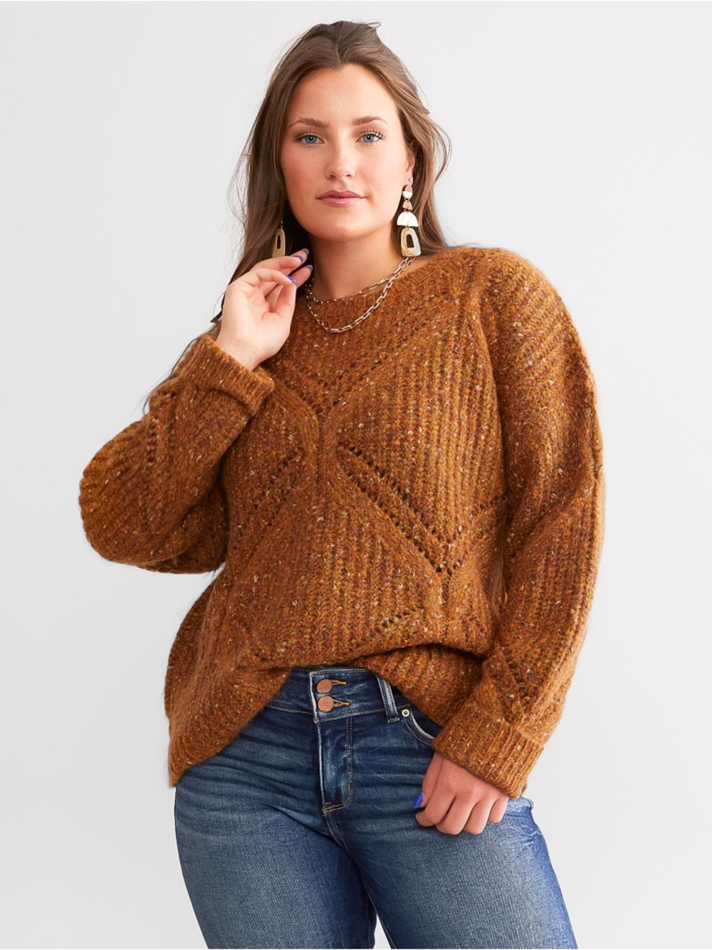 Daytrip Diamond Stitch Marled Open weave wool blend Sweater Copper Brown Size L
